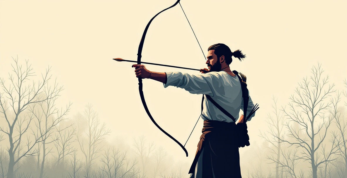 Seasoned archer drawing a bow with focus amidst a minimalist outdoor setting.