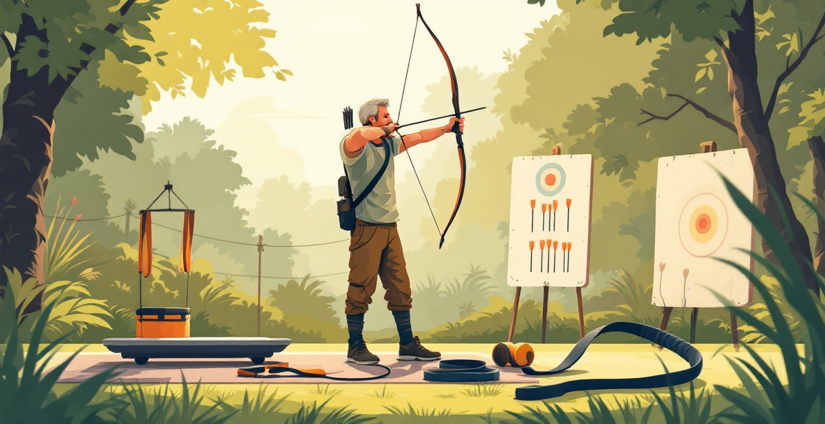 A middle-aged archer practicing with training aids in a serene outdoor setting.