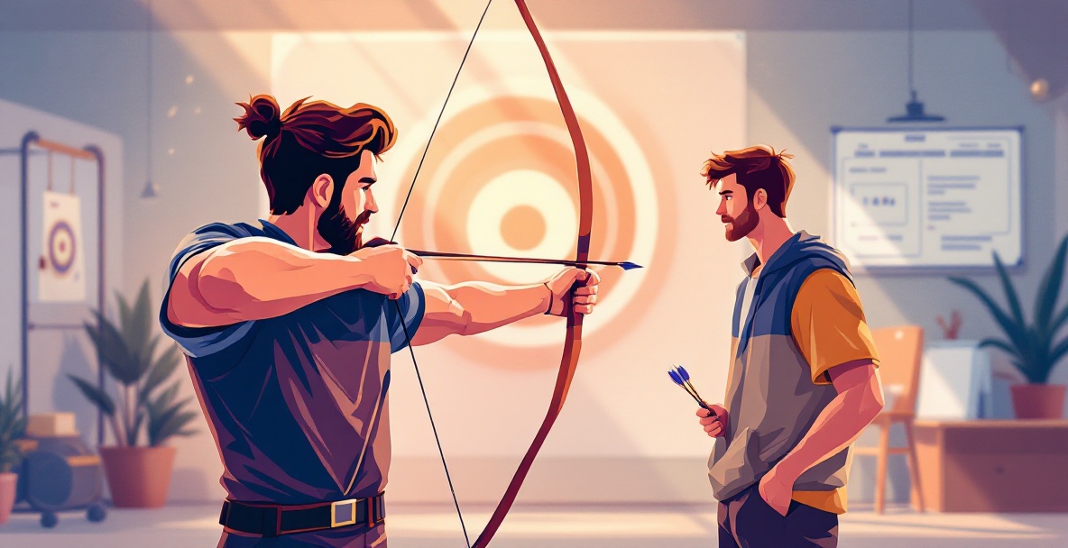 An archer trains with precision, observed by a beginner with targets and equipment in the background.