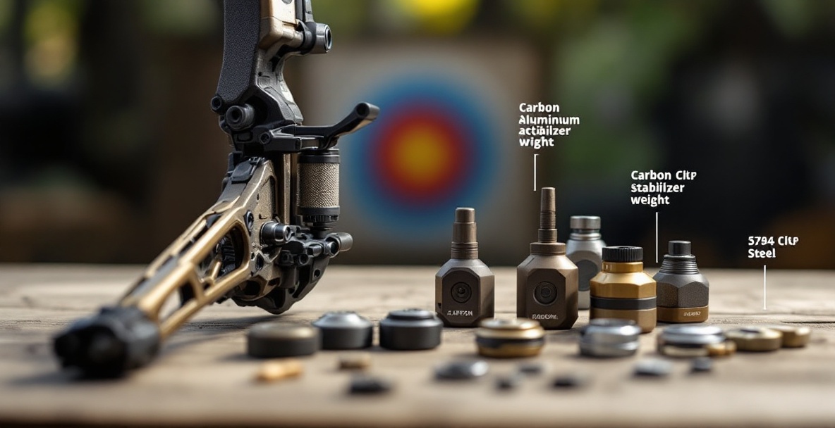 Close-up of a modern compound bow's stabilizer with detachable weights in various sizes.