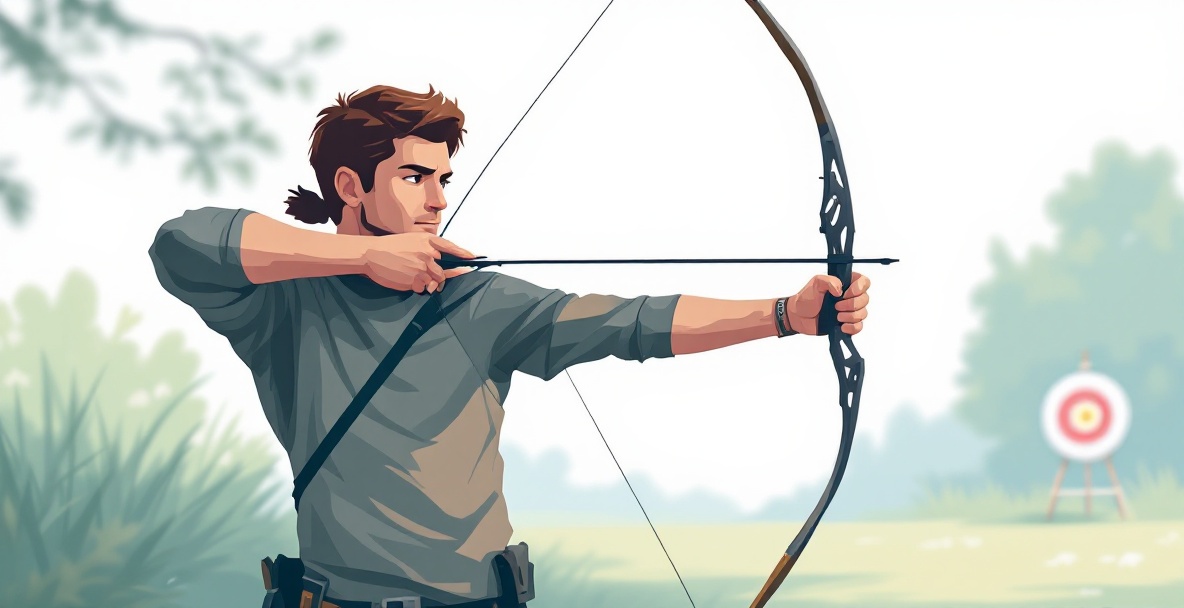 Archer in a serene setting, focusing on a detailed bow stabilizer.