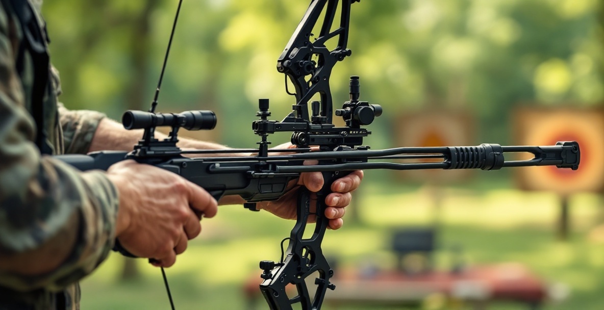 Archer adjusts stabilizer weights on a compound bow in a lush archery range.