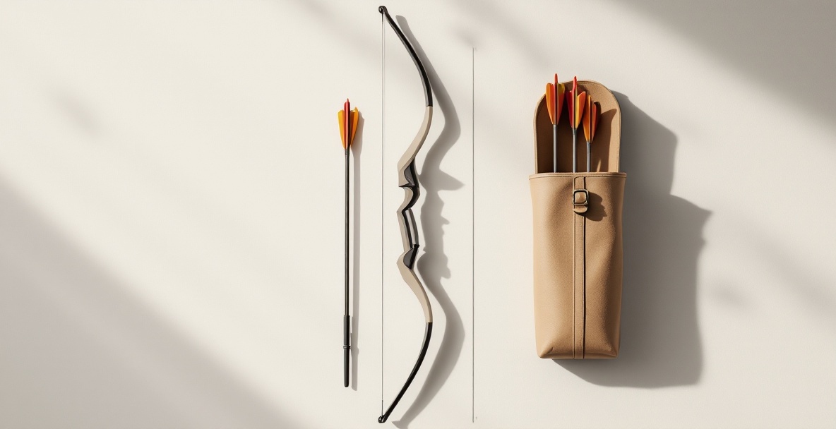 Modern bow, carbon-fiber arrows, and quiver on neutral background, showcasing weather-resistant archery gear.