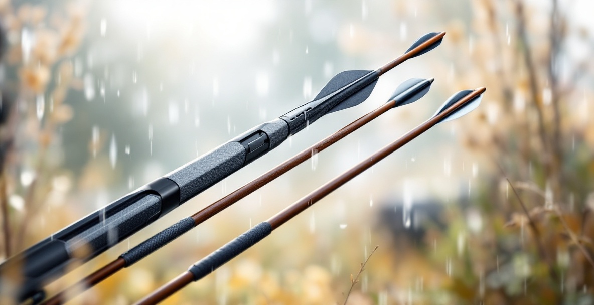 Close-up of a modern, weather-resistant bow and arrow set with a sleek design in a minimalist style.