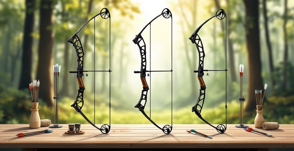 Three personalized bows with unique grips and limb designs in a well-lit archery setup.