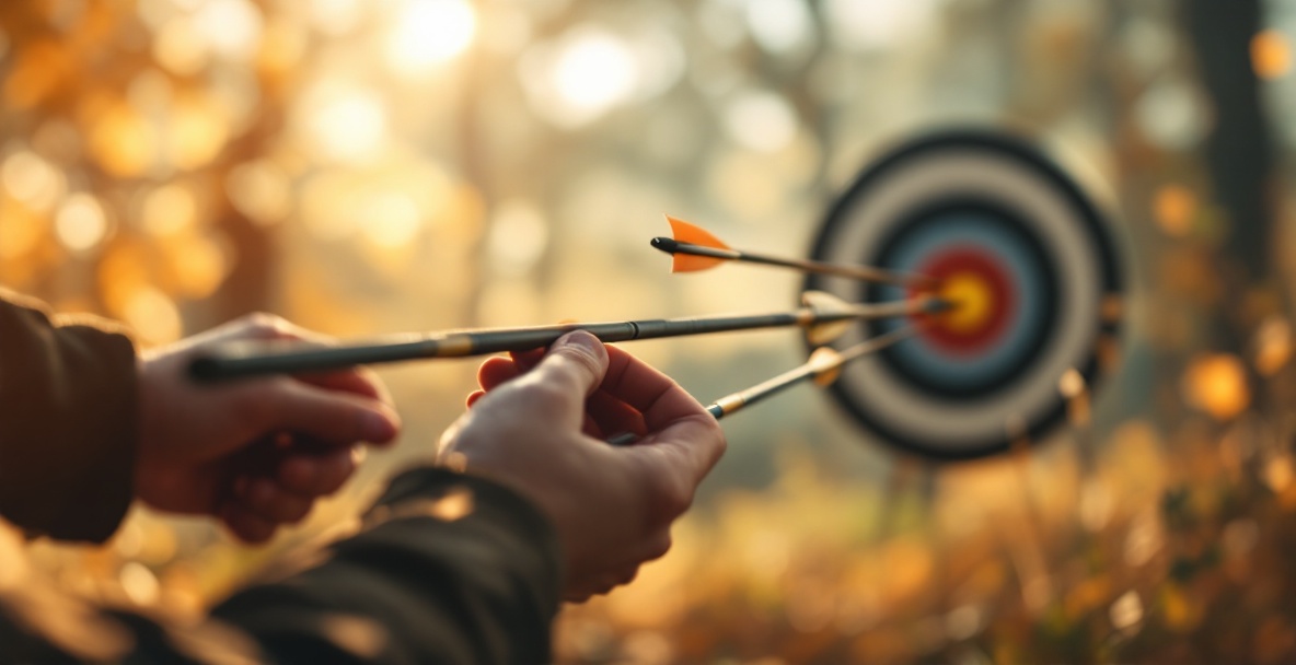 Close-up of hands customizing archery arrows with adjustable fletching and nocks.