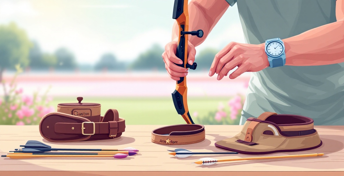 Archery enthusiast adjusts bow's grip amidst custom gear in a serene setting.