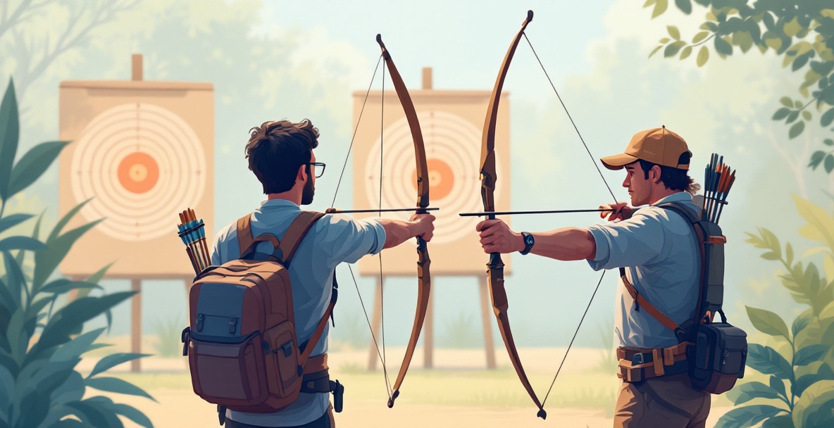 A seasoned archer and beginner at an archery range with different bows, highlighting equipment contrast.