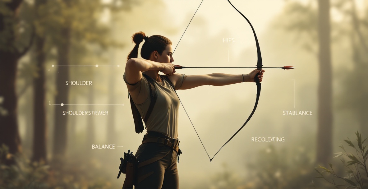 Archer in mid-draw, showcasing perfect form with focus amid diagrams and a blurred forest background.