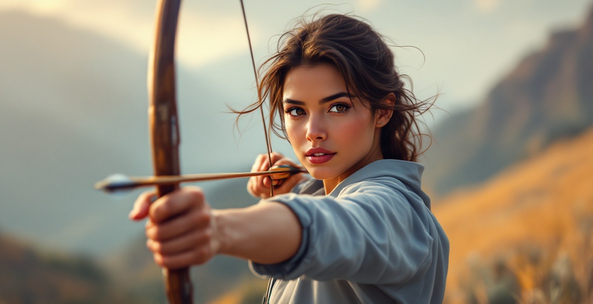 Focused archer draws bow, poised to release an arrow in a serene setting.