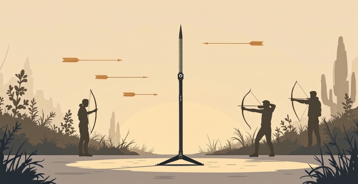 Minimalist image highlighting a modern archery stabilizer with arrows pointing to features.