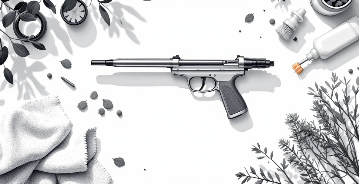 Minimalistic scene with a sleek archery stabilizer and maintenance tools on a soft background.