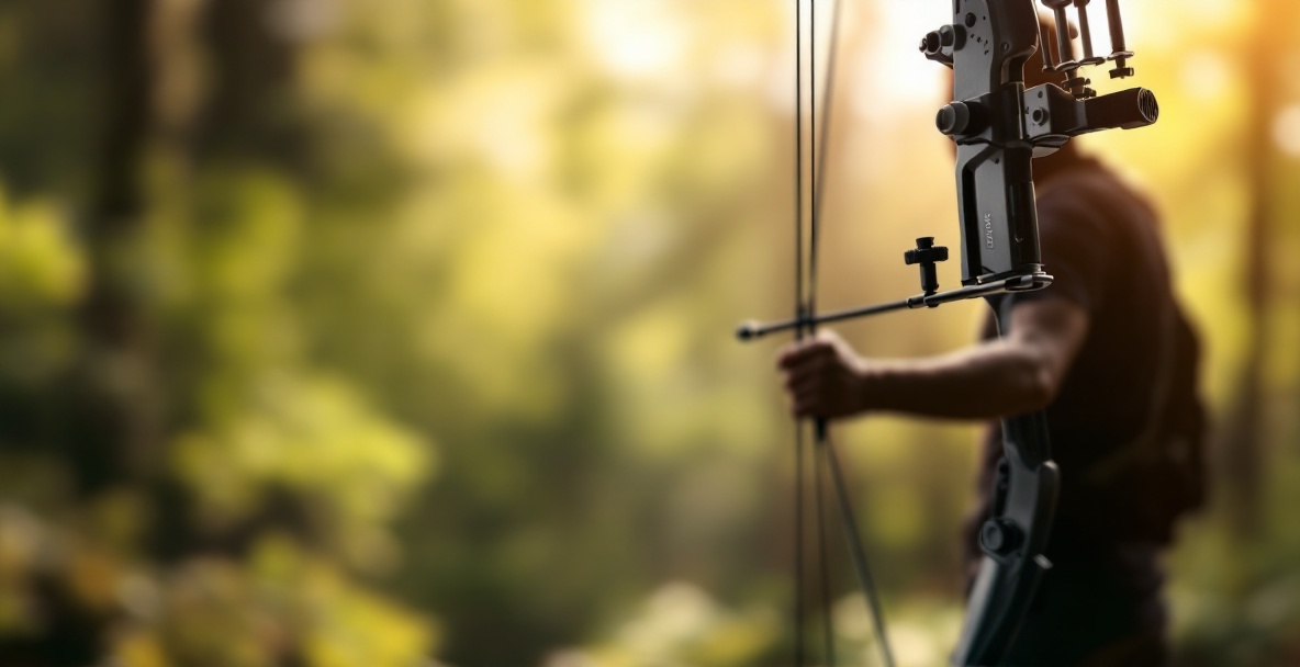 Close-up of a modern archery bow with vibration dampeners, set against a blurred forest background.