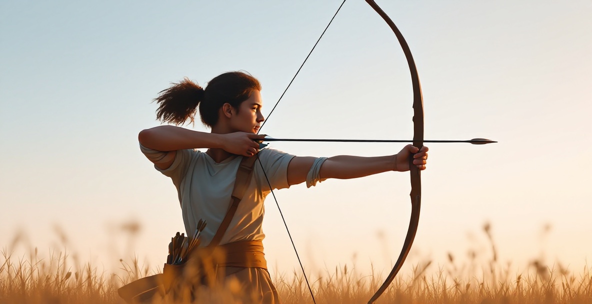 Archer mid-shot emphasizing precision and stability on a clear field.