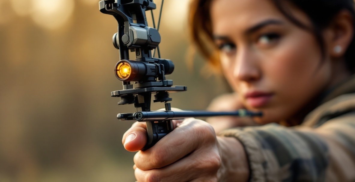 Close-up of a compound bow's stabilizer with glowing dampening components, archer in background focused mid-draw.