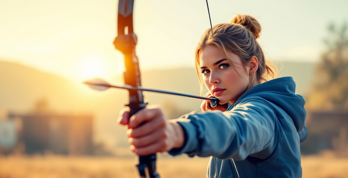 Archer with modern compound bow showing vibration dampening tools, in a focused shooting stance at a sunlit range.