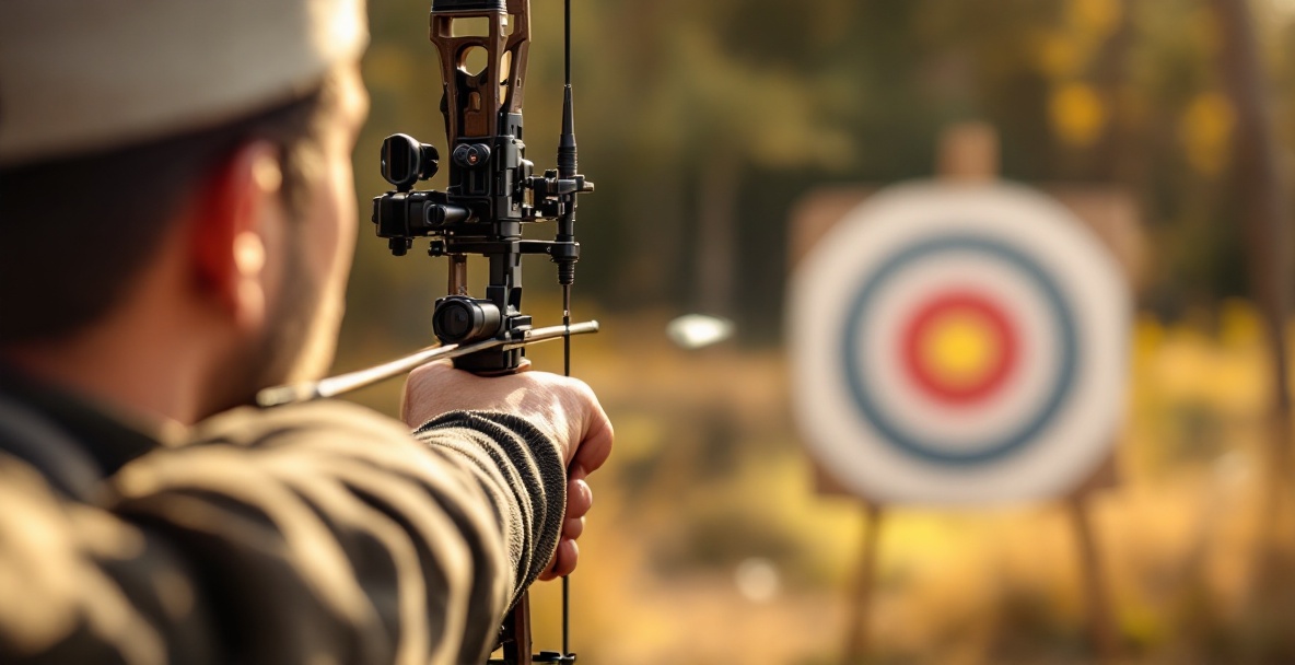 Close-up of an archer with a modern bow highlighting vibration dampening solutions.