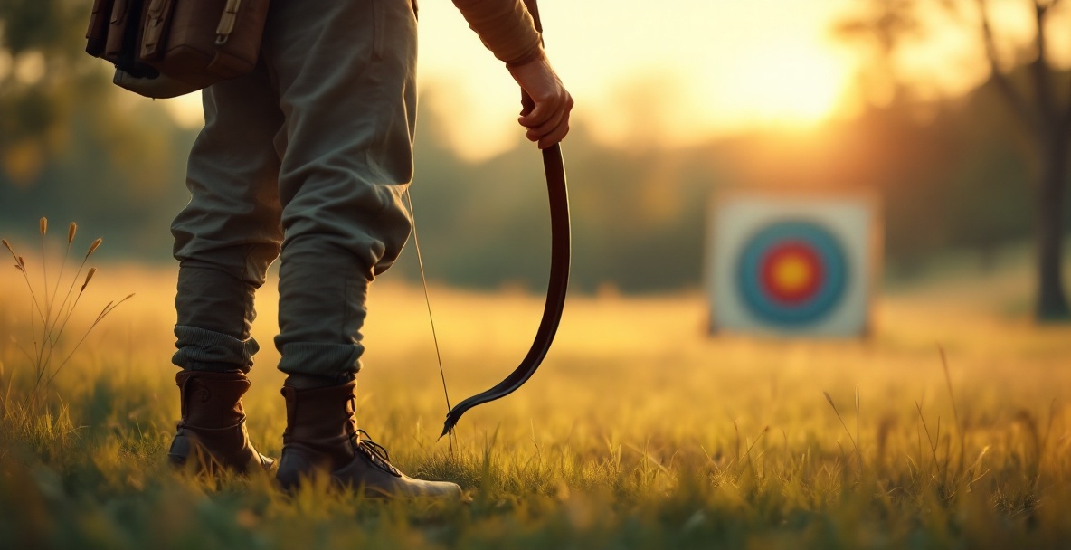 Archer at dawn with longbow, showing foot positioning on grass. Target blurred in the background.