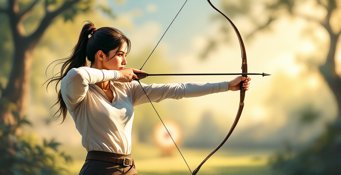 Female archer in modern gear aims an arrow with precision at an outdoor range during golden hour.