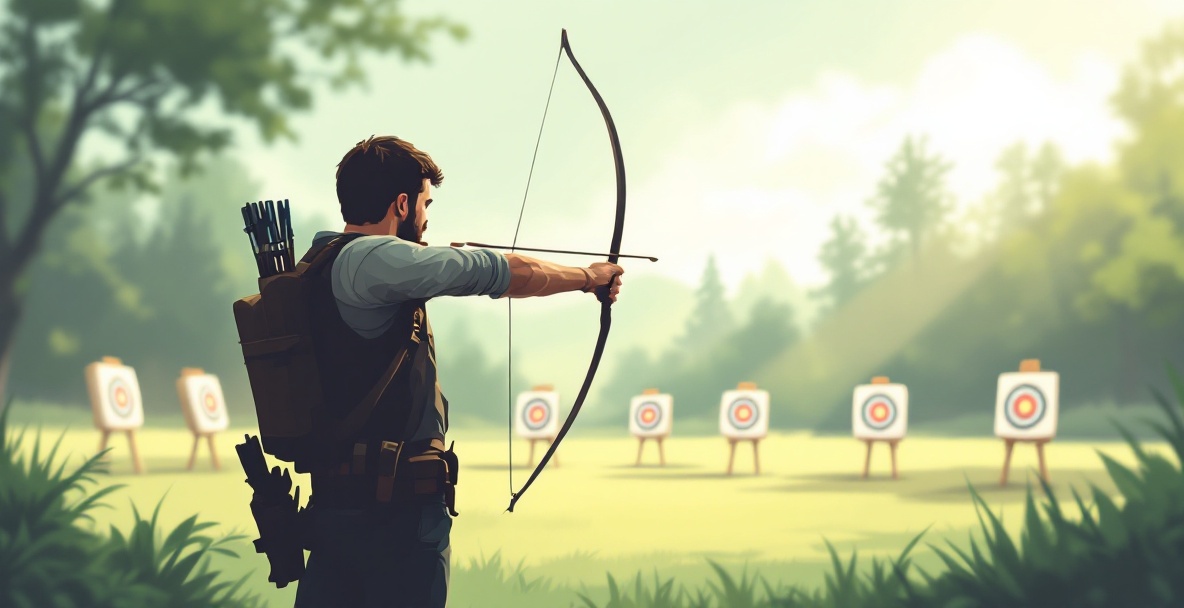 Archer focuses on target with calm posture at an archery range, bathed in soft morning light.