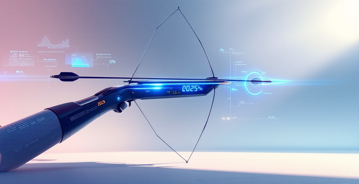 Futuristic archery scene with high-tech bow and holographic enhancements.