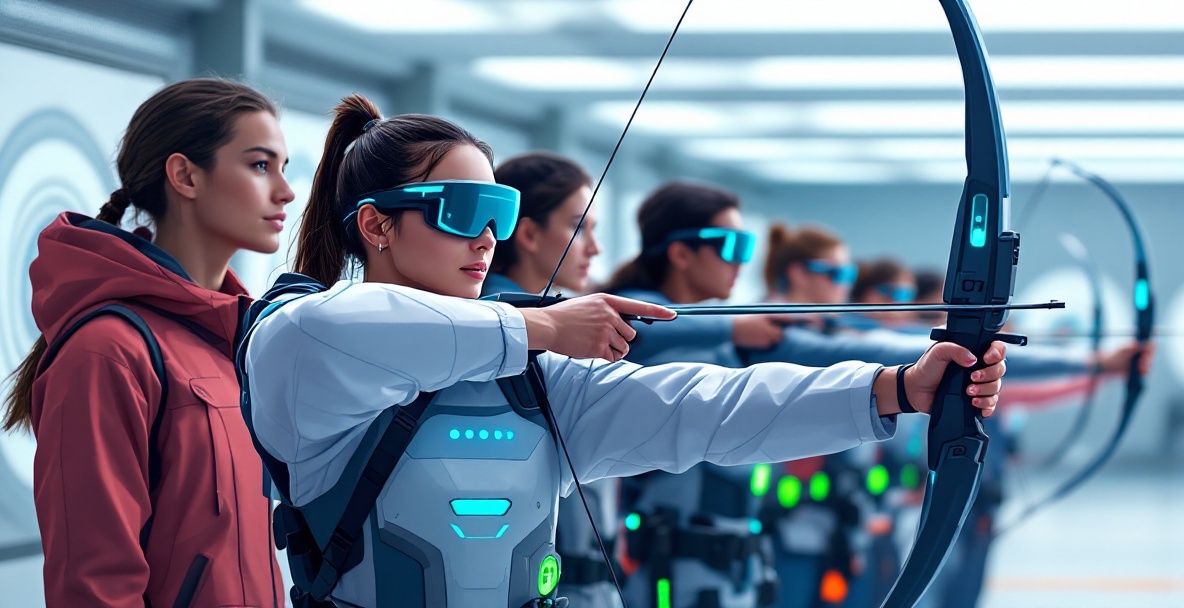 Diverse group of archers with futuristic bows and AR glasses at an archery range in 2025.