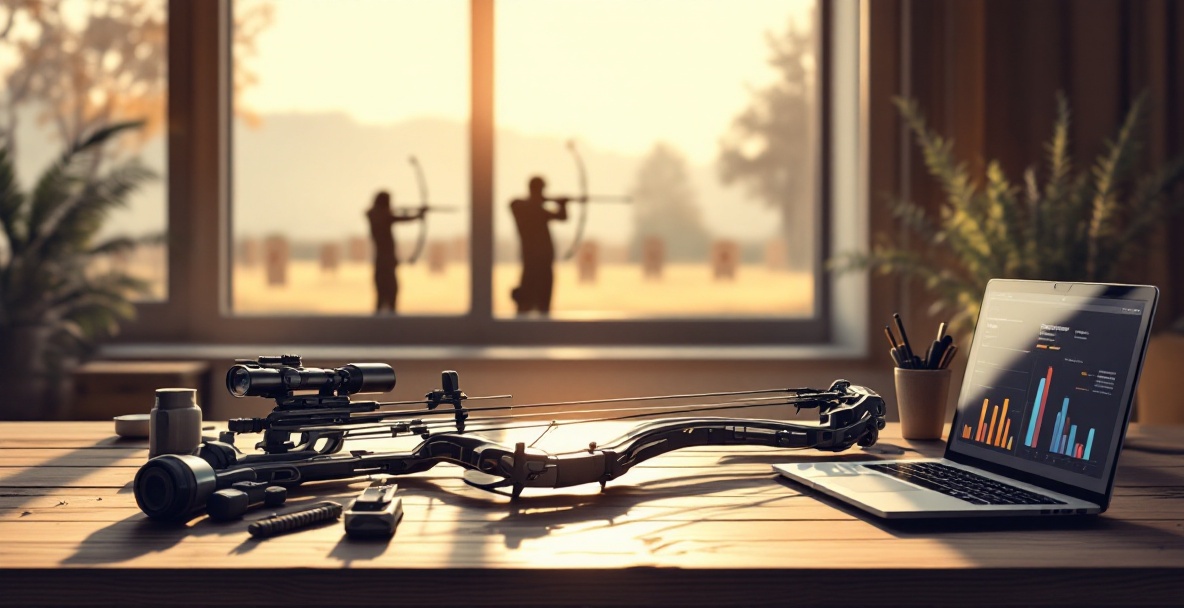 Futuristic compound bow with high-tech accessories on a wooden table, with charts on a laptop.