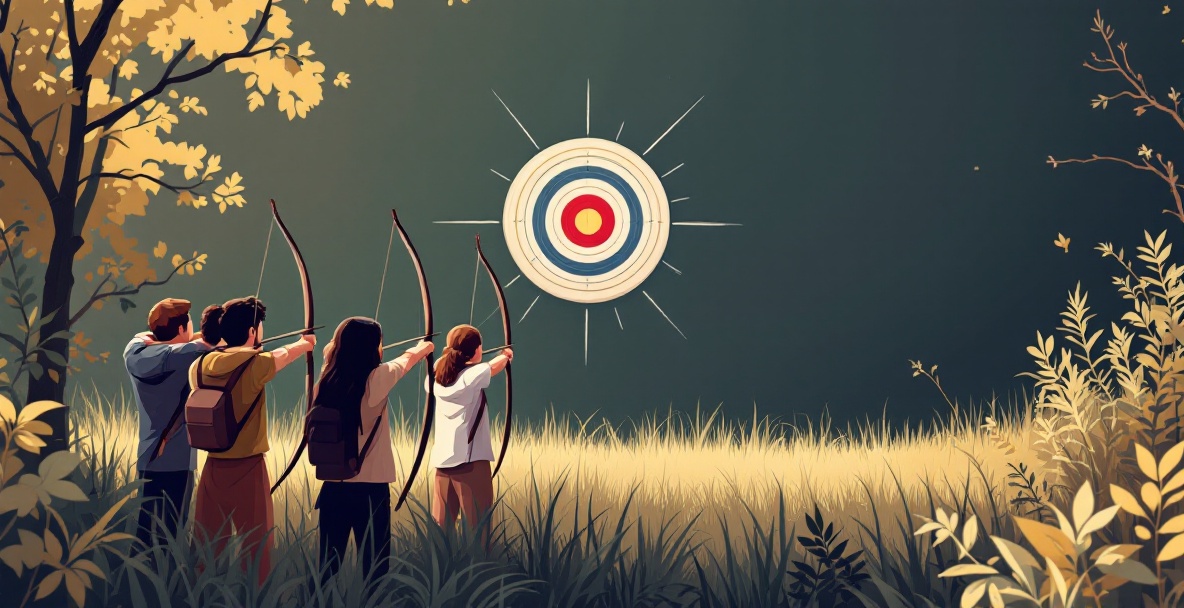 Diverse archers aim at an abstract target, symbolizing personal goals in archery.