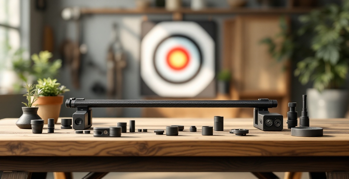 Modern archery stabilizer with modular weights on a wooden table in workshop setting.