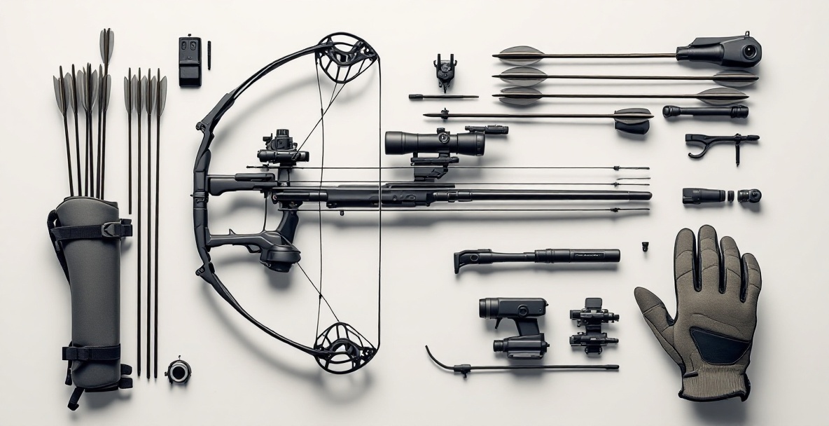 Modern compound bow with advanced accessories on a neutral background.