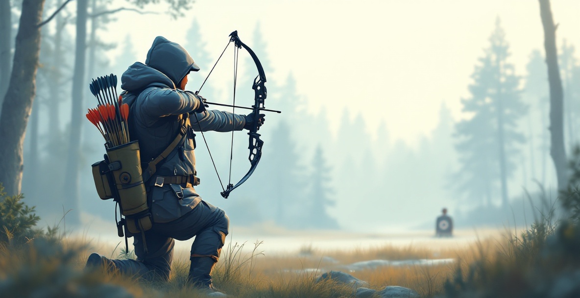 Archer with advanced gear in a forest clearing aims at a target under an overcast sky.