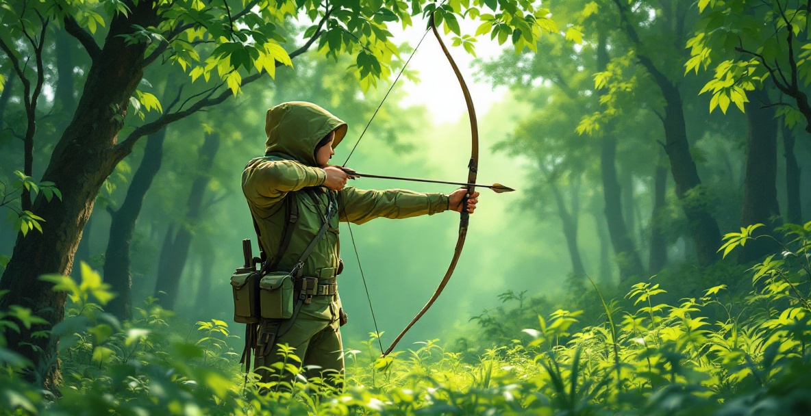 Eco-conscious archer in a forest with recycled gear and eco-friendly bow, highlighted by soft natural lighting.