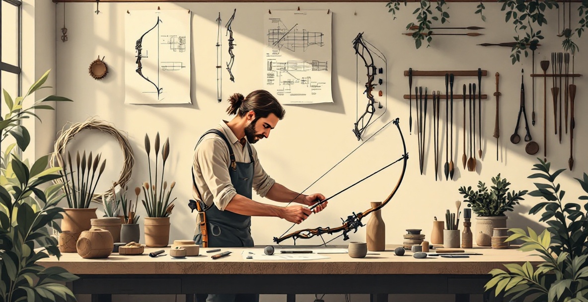 Archer adjusting a bow in a minimalist workshop with tools and bow designs.