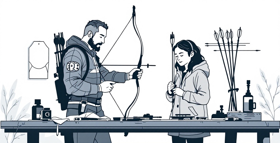 Seasoned archer adjusts bow sight beside beginner exploring arrows at serene archery range.