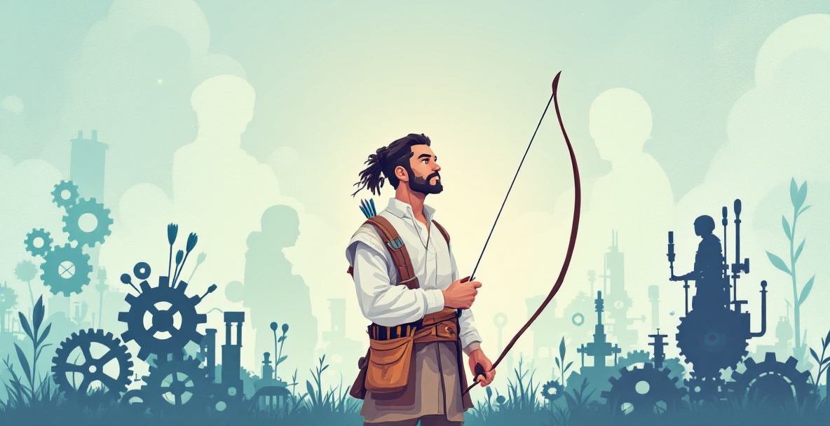 Archer stands poised with a bow amid ghostly gears, symbolizing the fusion of tradition and automation.