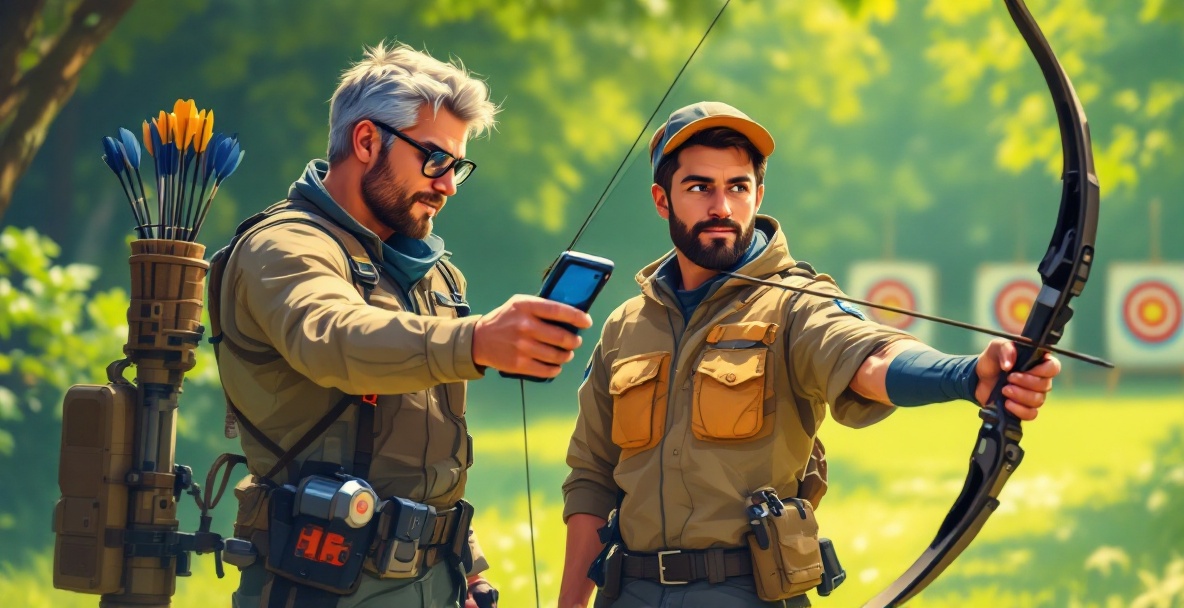 Experienced archer using a digital tool while a beginner learns, in a sunny outdoor archery range.