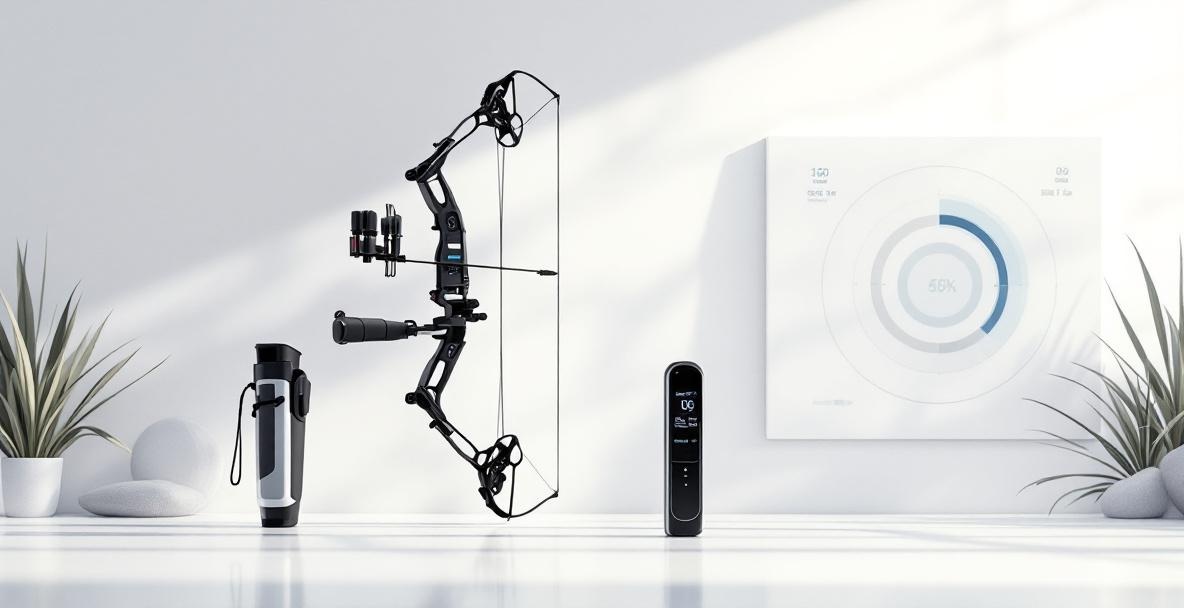 Futuristic archery bow with digital features and a high-tech quiver on a minimalistic background.