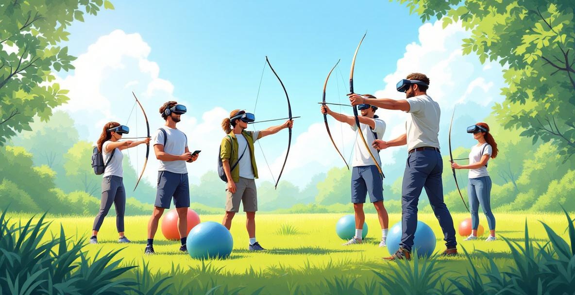 Archers using modern techniques like VR on a sunny field with a coach guiding them.