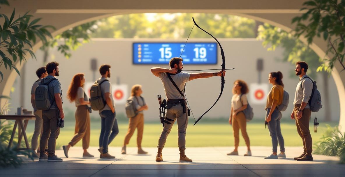 Diverse group of archers sharing techniques at a modern range.