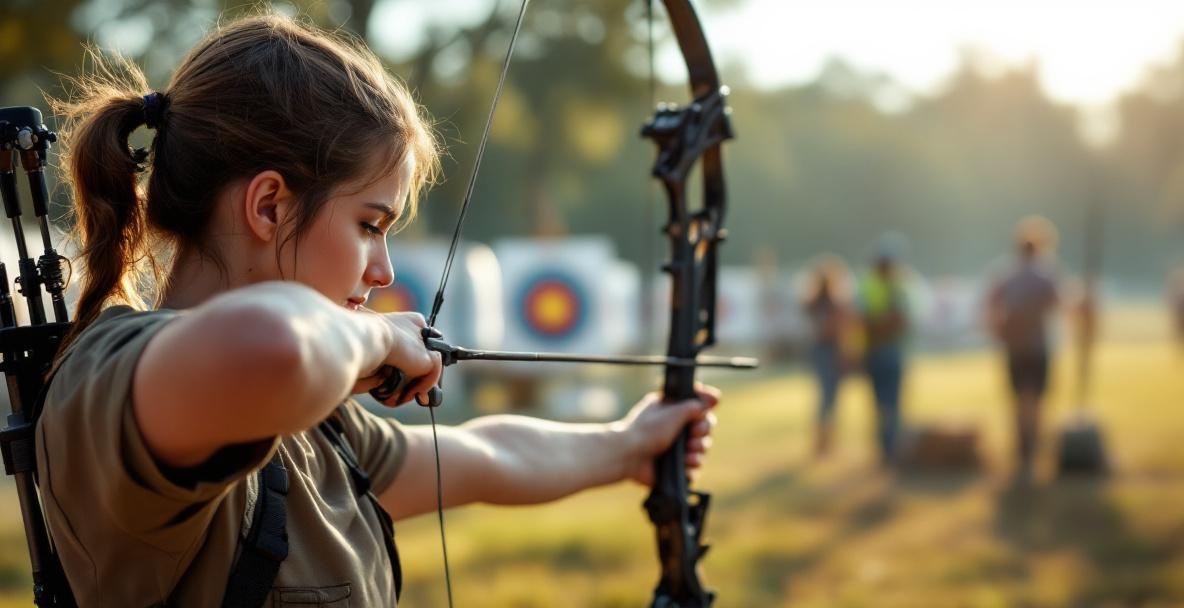 Young archer preparing bow with stabilizer weights at an outdoor competition.