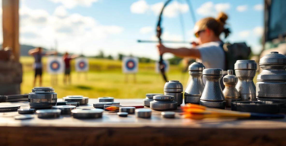 Archery competition with stabilizer weights and gear on display, archers aiming at targets in the background.