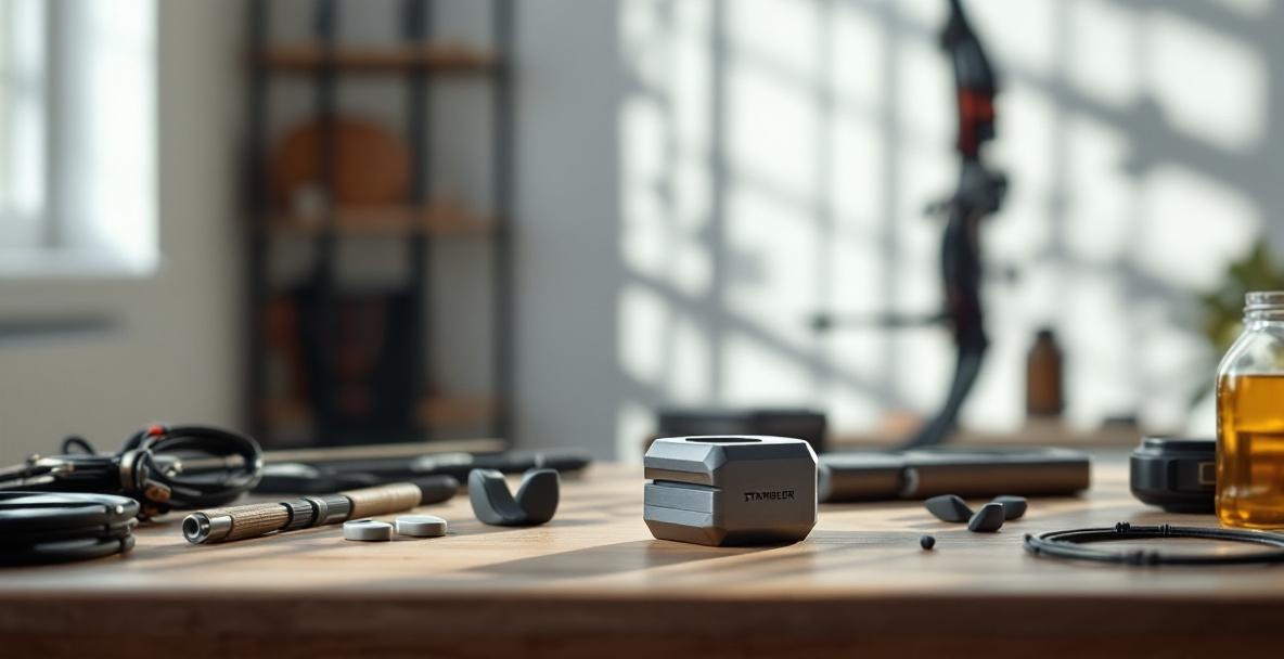 Archery gear with a sleek stabilizer weight on a wooden table in a well-lit room.
