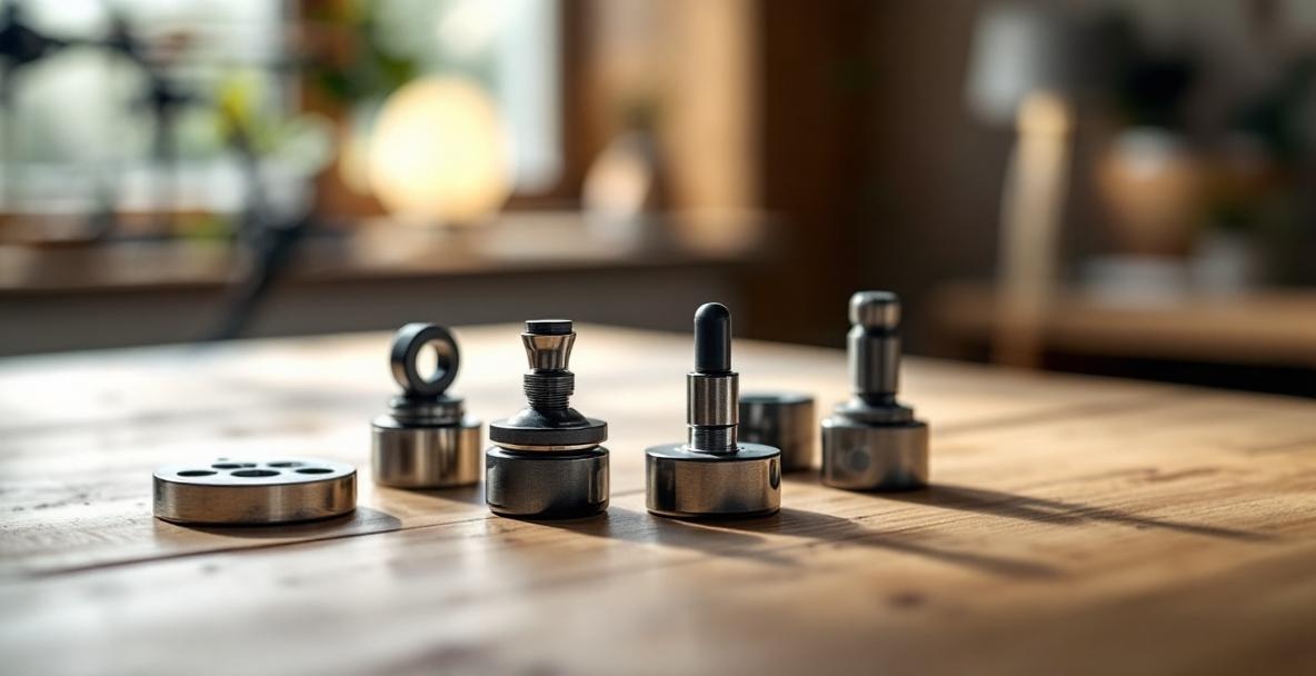 Metallic archery stabilizer weights on a wooden table with bow and arrows in the background.