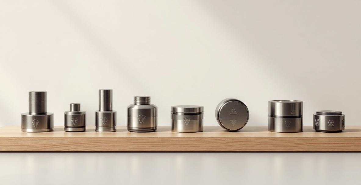 Metallic archery stabilizer weights on a wooden surface with soft lighting.