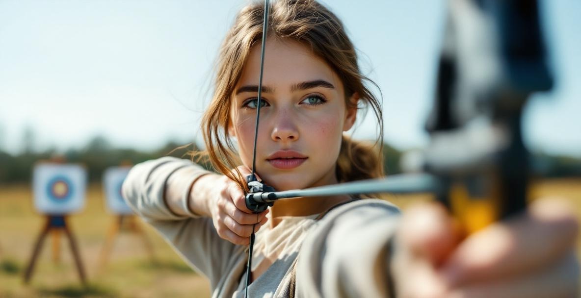 Young archer with a recurve bow takes aim at an archery range in natural daylight.