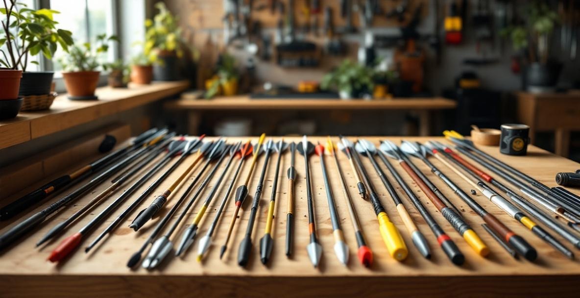Modern archer's workbench with arrows, focusing on components like fletching, nocks, and shafts.