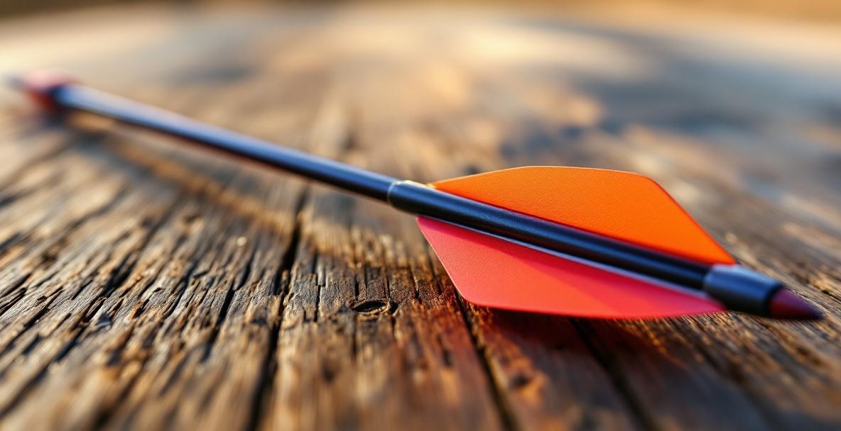 Close-up of a modern arrow with vibrant fletching on a wooden surface.