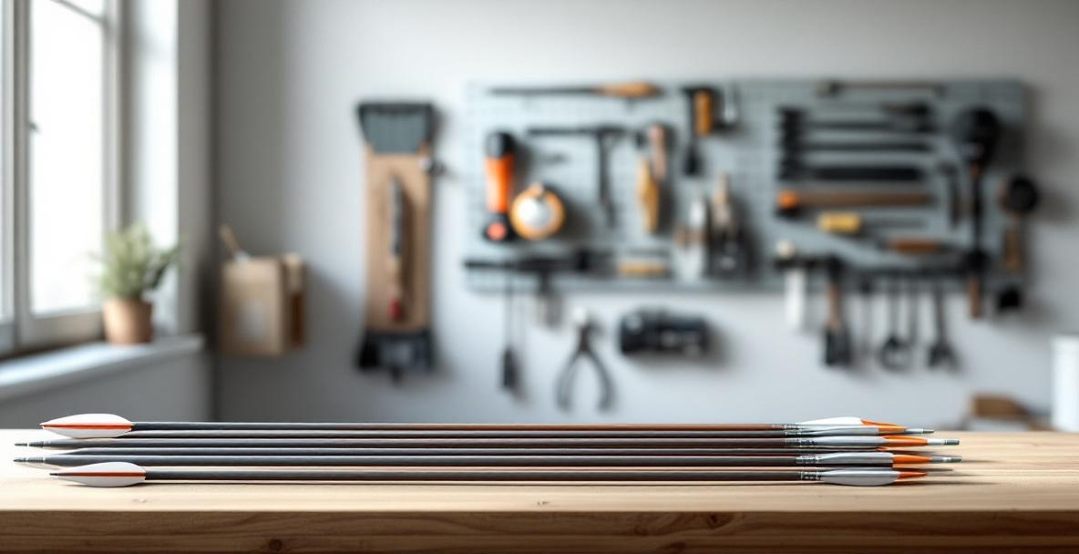 A tidy archery workshop with high-quality arrows on a wooden bench and tools in the background.