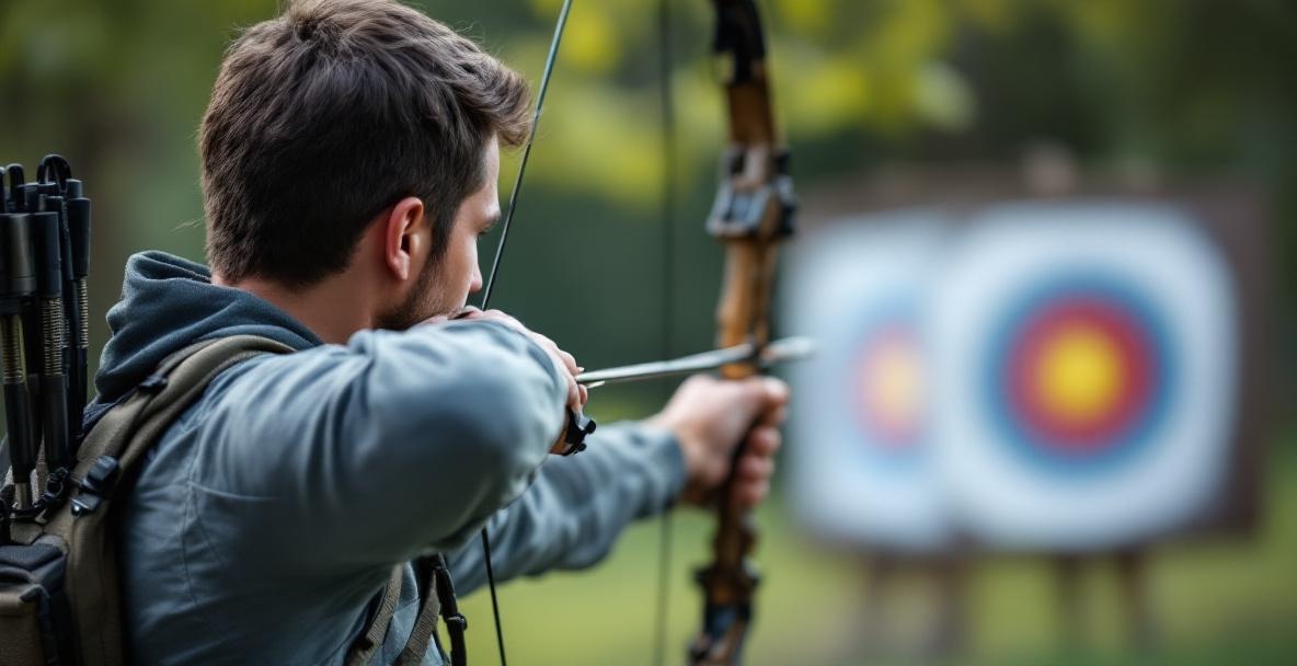 Archer aiming at a target in a serene outdoor setting, showcasing modern gear and focus.