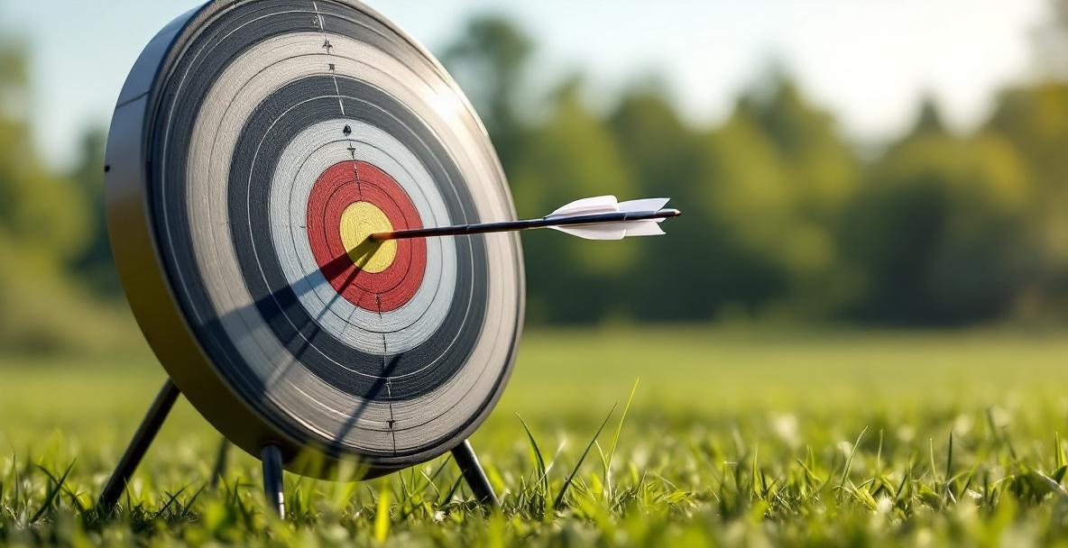 Archery target with precision arrows and stabilizer weights in an open field.